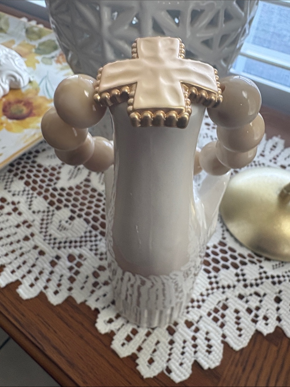 Delicate Cream Beaded Cross Bracelet with Gold Accents